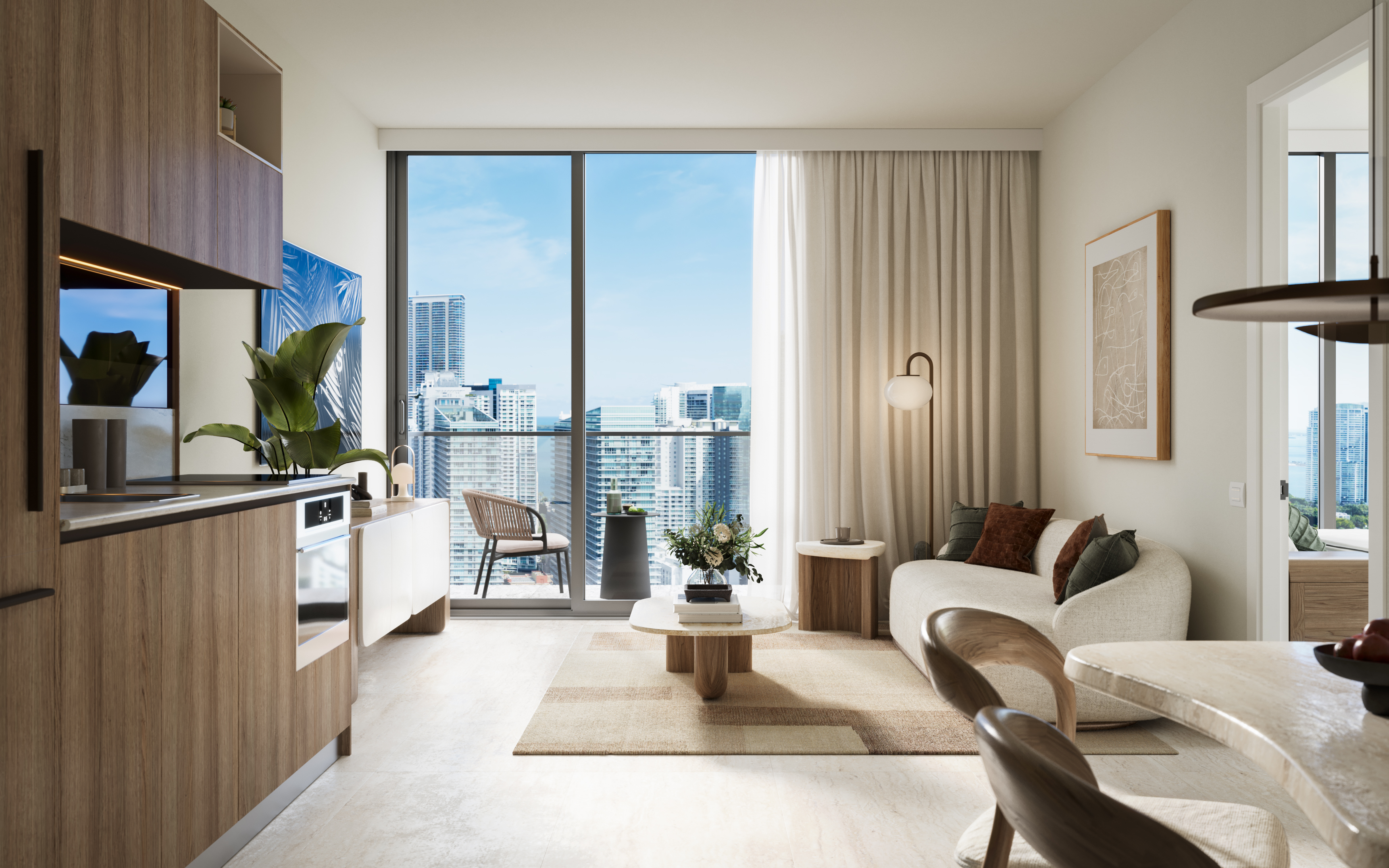 Artist rendering of a furnished Domus Brickell Center residence with balcony and Miami skyline view