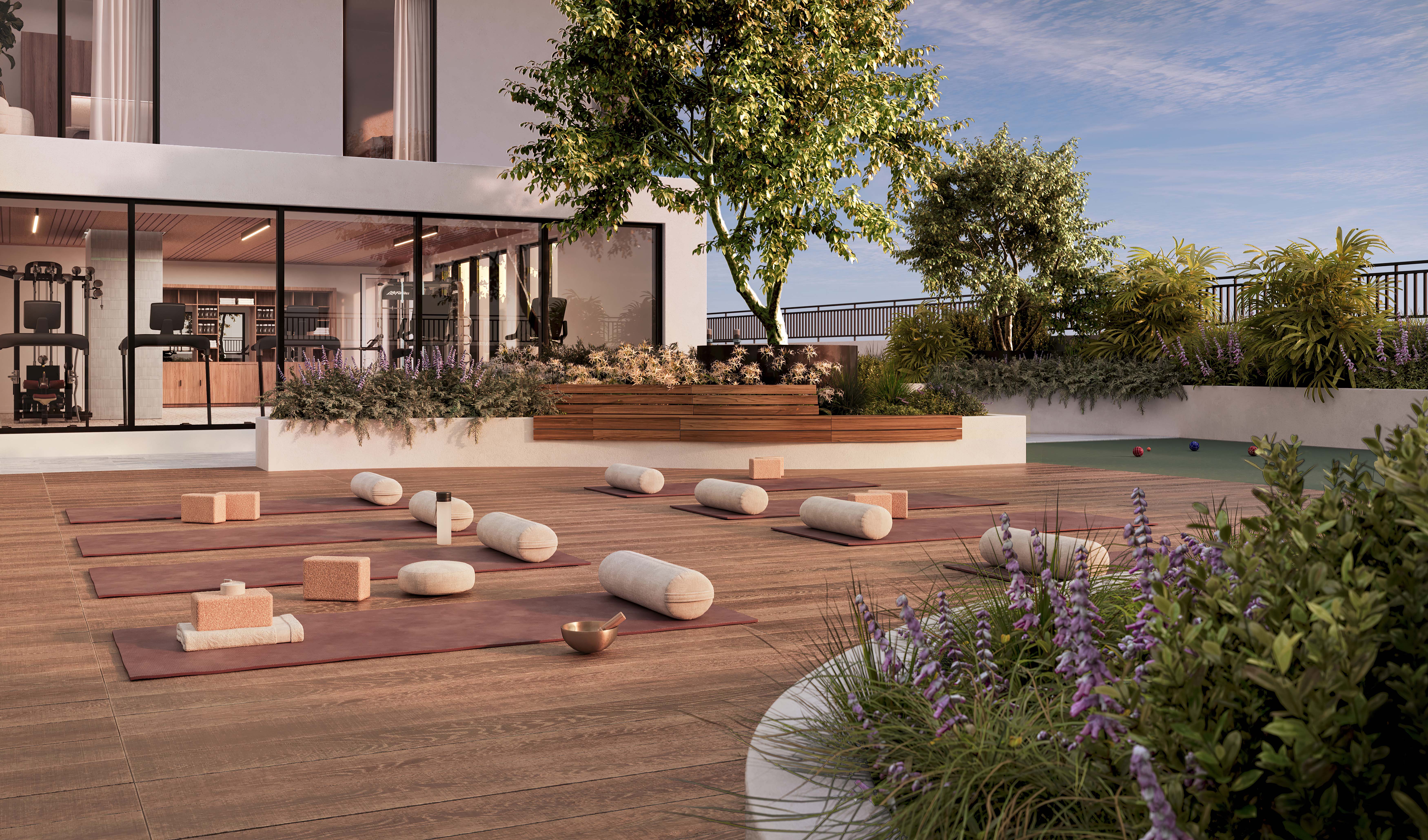 Official artist rendering of the Domus Brickell Center outdoor yoga terrace