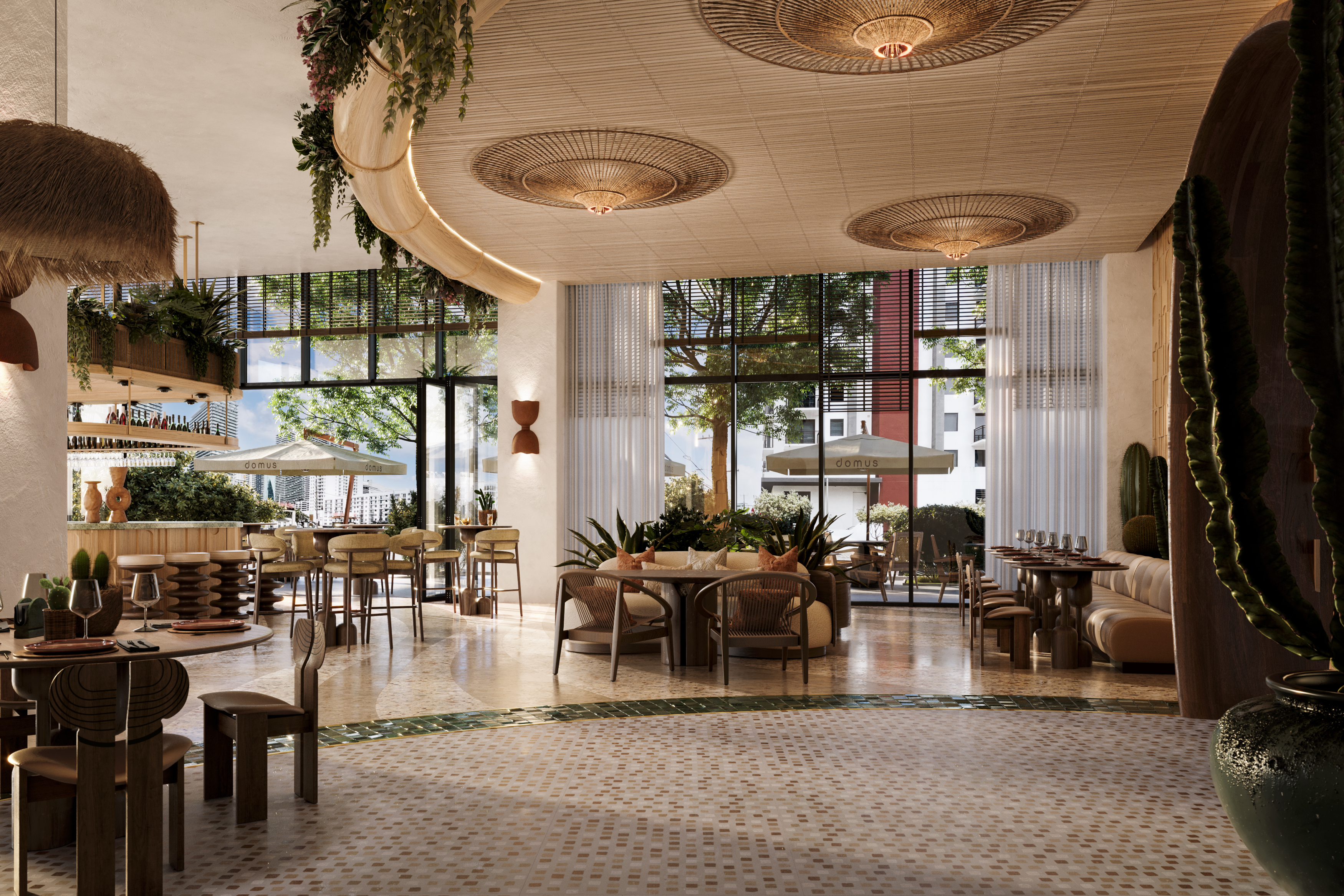 Official artist rendering of the restaurant and hospitality space at Domus Brickell Center